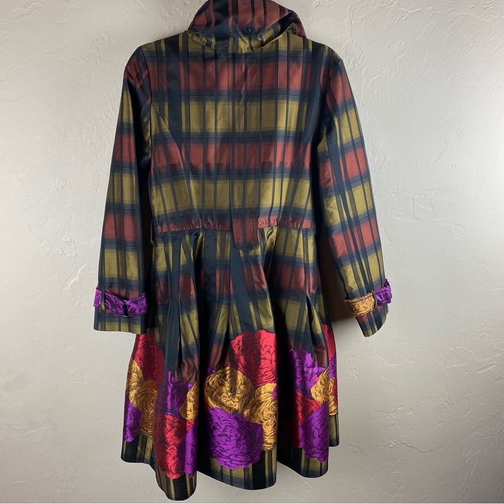 Samuel Dong Plaid Floral Bubble Trench Coat Jacket size small - Picture 6 of 13
